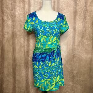 Vintage 90s Jessica Howard Tropical Floral Leaf Print Wrap Midi Dress Island